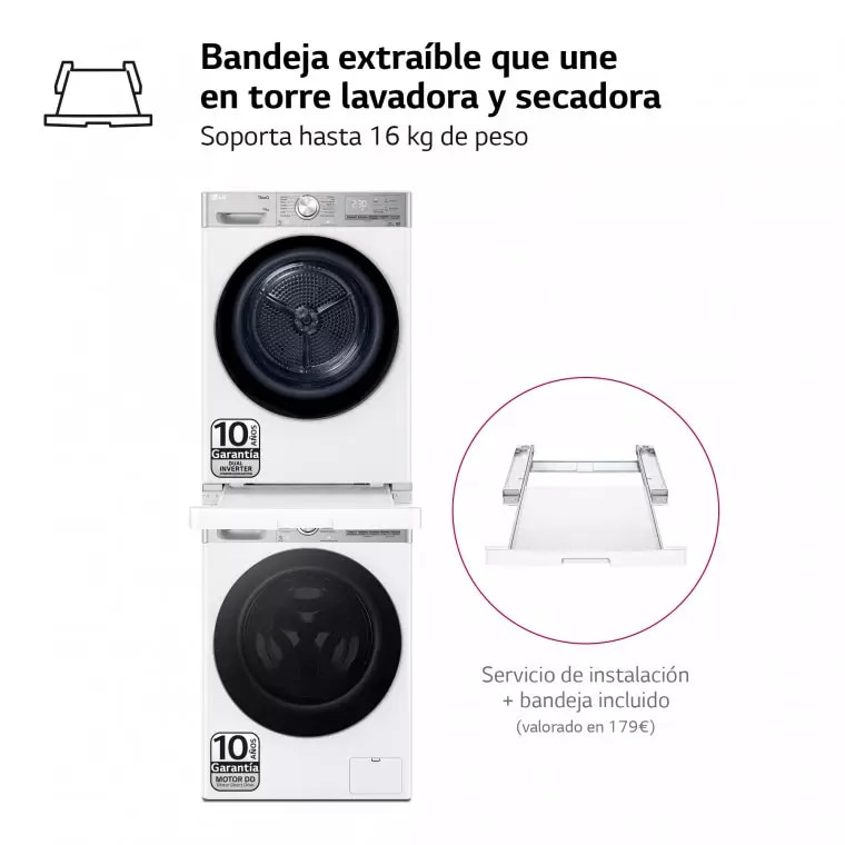 LG Torre de Lavado, Blanca, Lavadora inteligente 9kg, 1400rpm, un 40% mas eficiente que A + Secadora 10kg, A+++, TORRE0910KG.SET